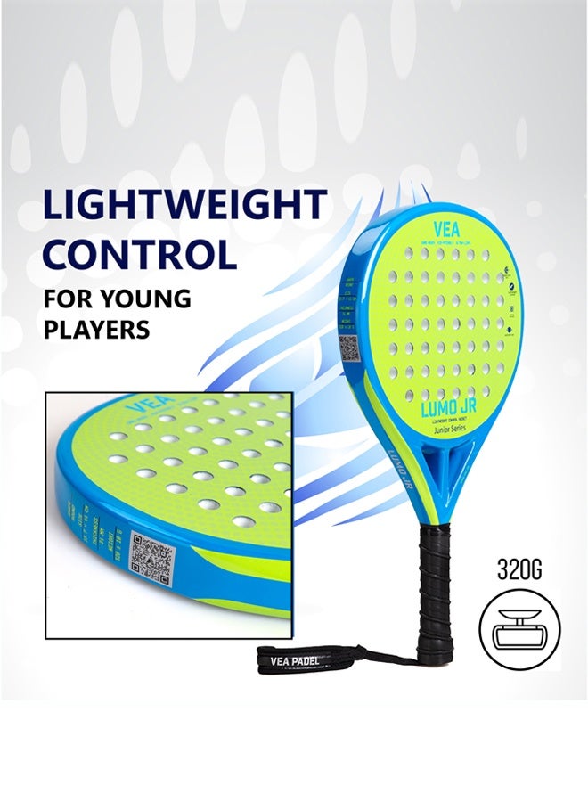VEA LUMO JR Junior Padel Racket Bundle – Neon Lime Green | Includes 1 Racket and 1 Tube of VEA Padel Balls | 50% Carbon 50% Fiberglass Frame | Soft EVA Core | Lightweight 320g | Glossy Finish - Image 3
